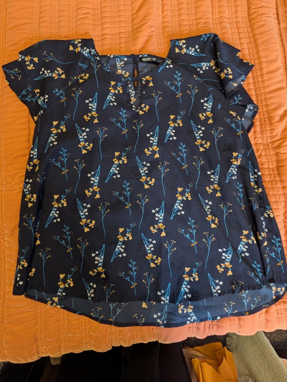 SHEIN Navy Floral Short Sleeve Blouse with Yellow Accent